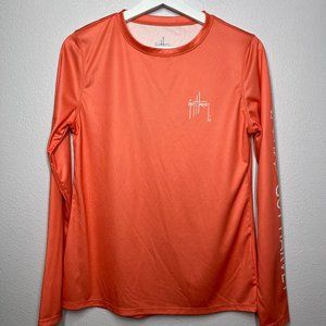 Guy Harvey Shirt Orange Long Sleeve Blue Marlin Floral Double Sided Fish S